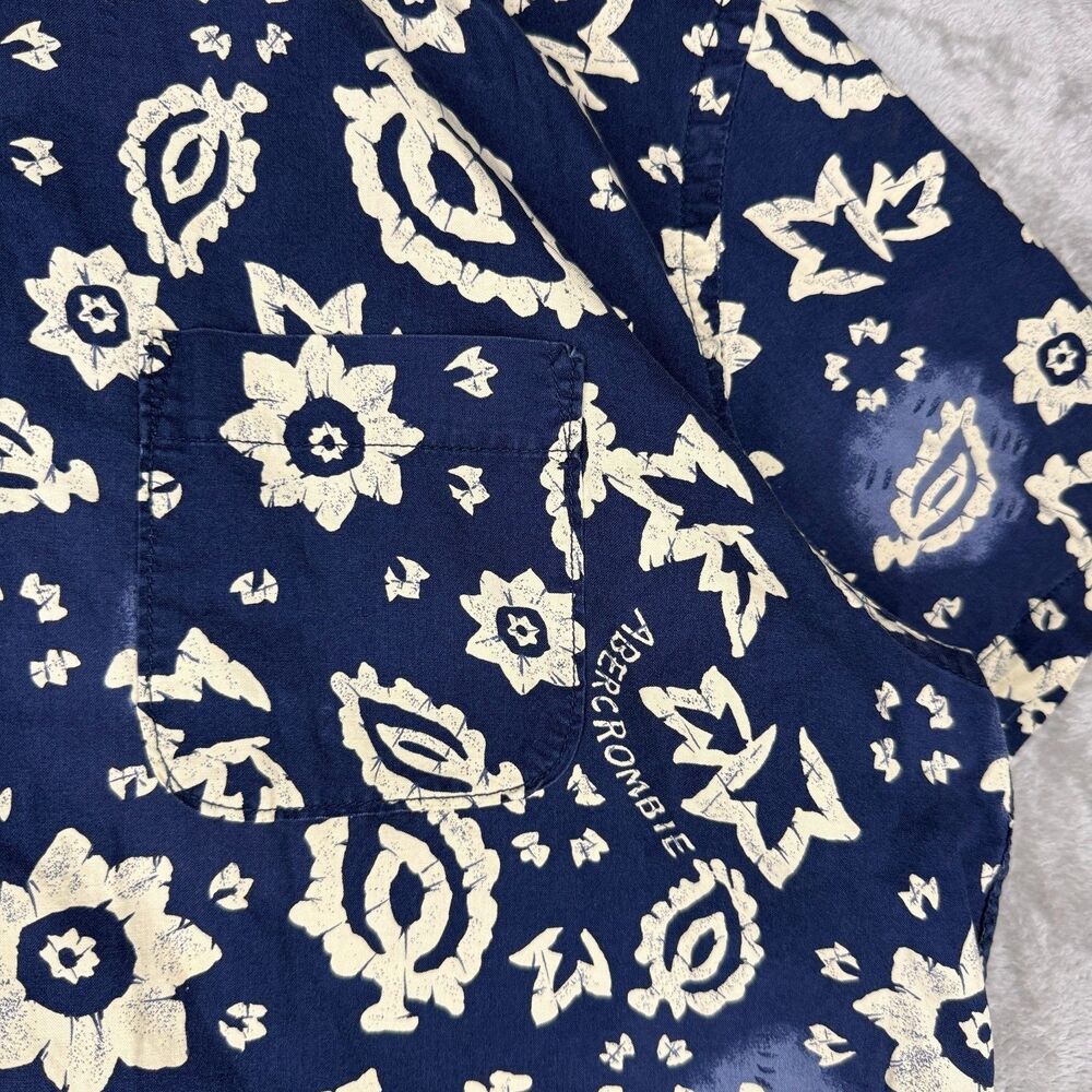 Vtg 90s Abercrombie & Fitch Hawaiian Shirt Mens Large Blue Floral Wood Buttons - Picture 6 of 11